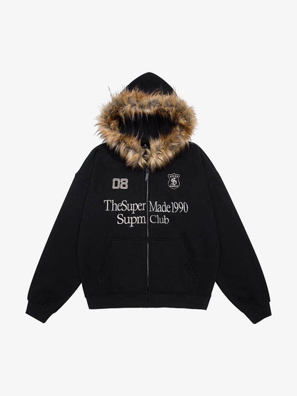 Letter Medal Embroidered Cardigan Fur Collar Zip Up Hoodie- 2502 