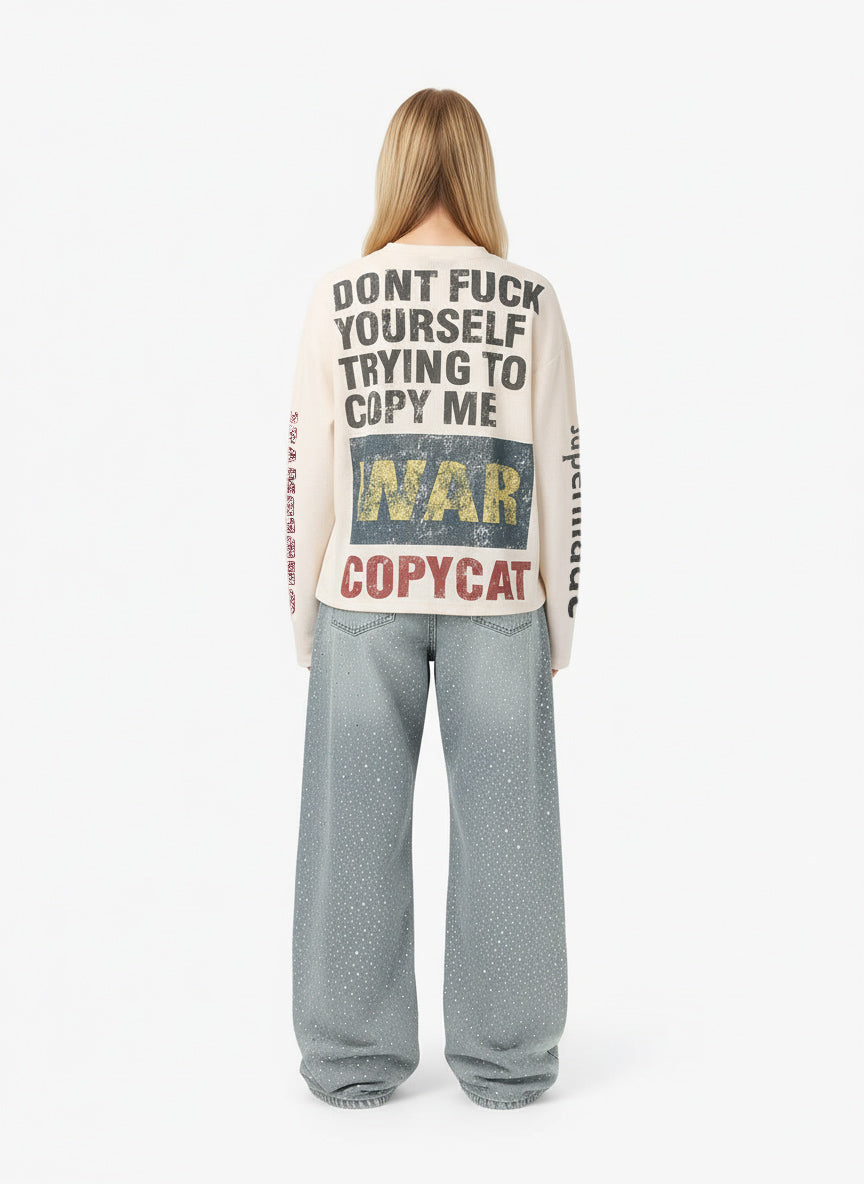 Waffle Knit Graphic Print Crewneck Sweatshirt - 2496 