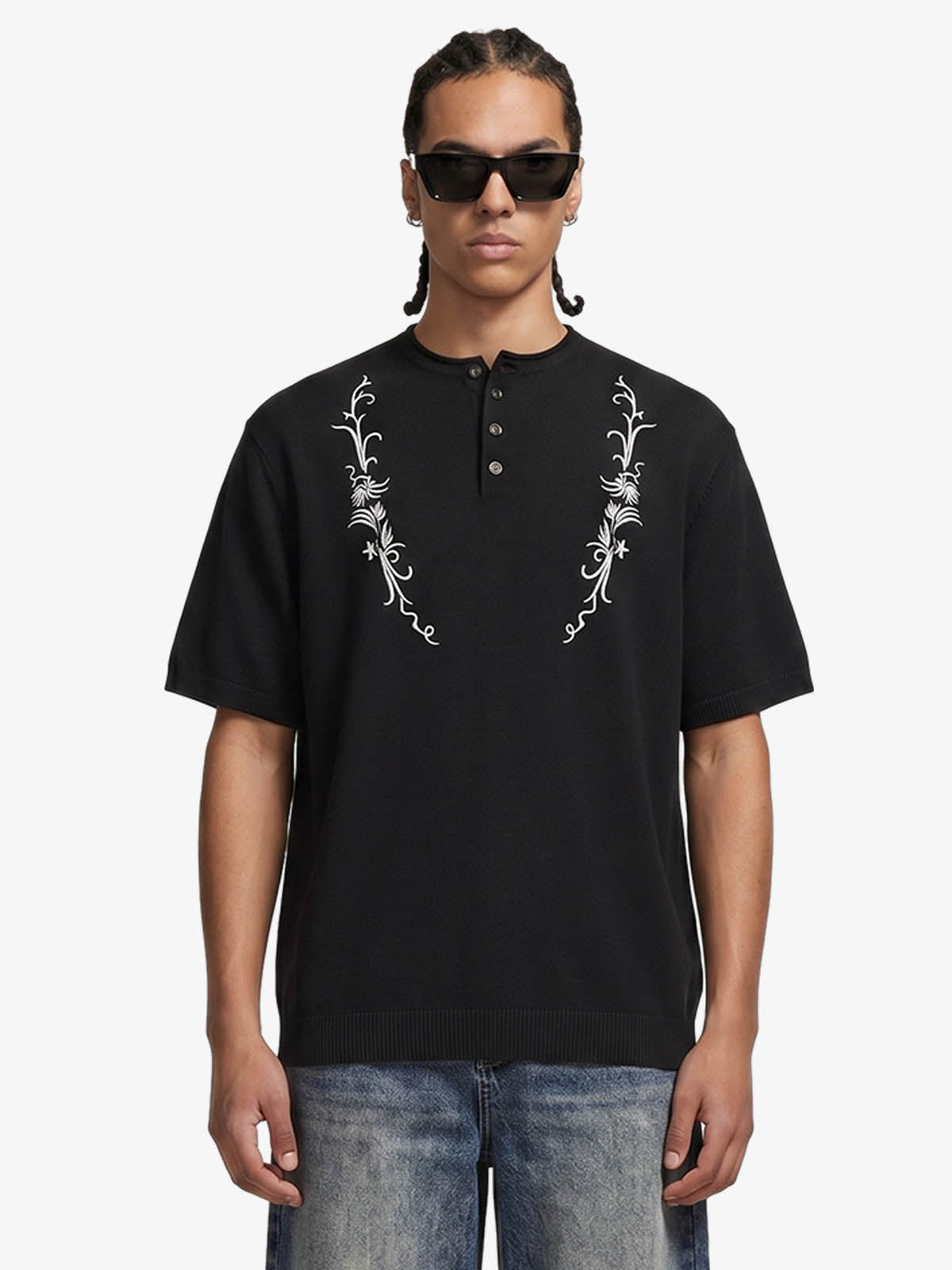 Graphic Floral Knit Henley T-Shirt 