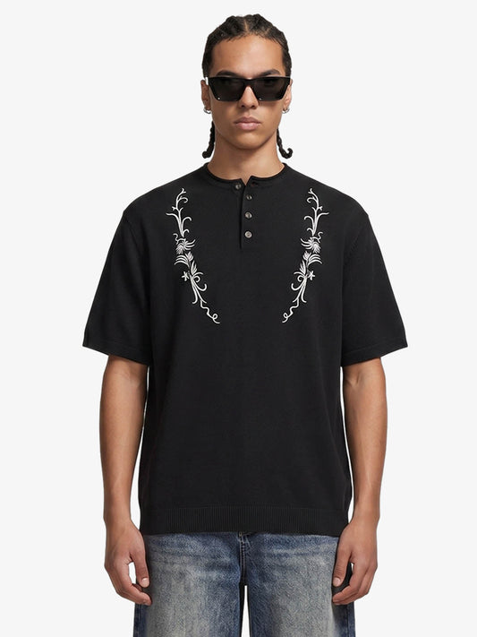 Graphic Floral Knit Henley T-Shirt 