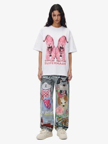 Graffiti Cartoon Animal Print Distressed Wide Leg Denim Jeans