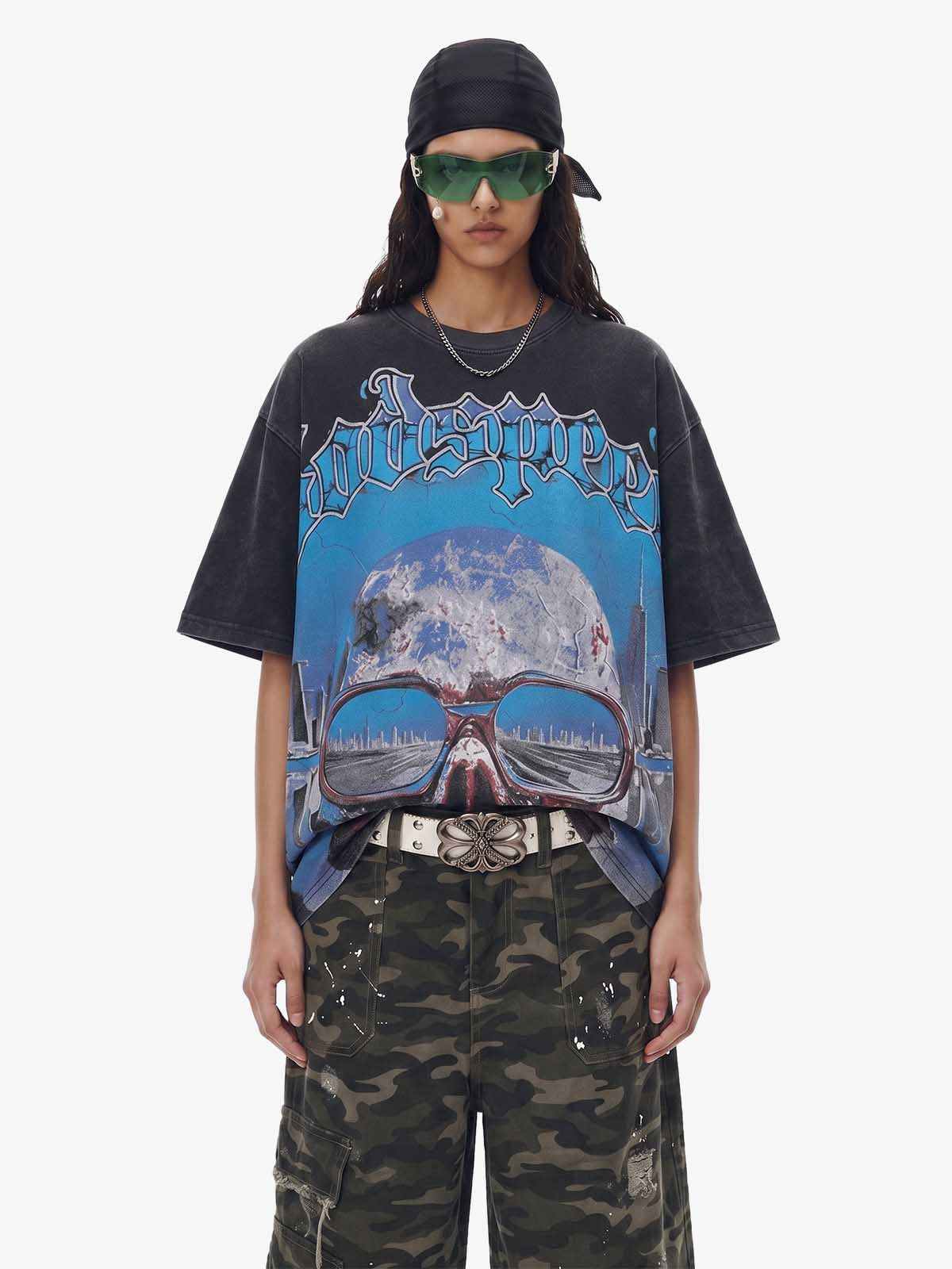 Jersey Knit Street Retro Skull Graffiti Print T-Shirt