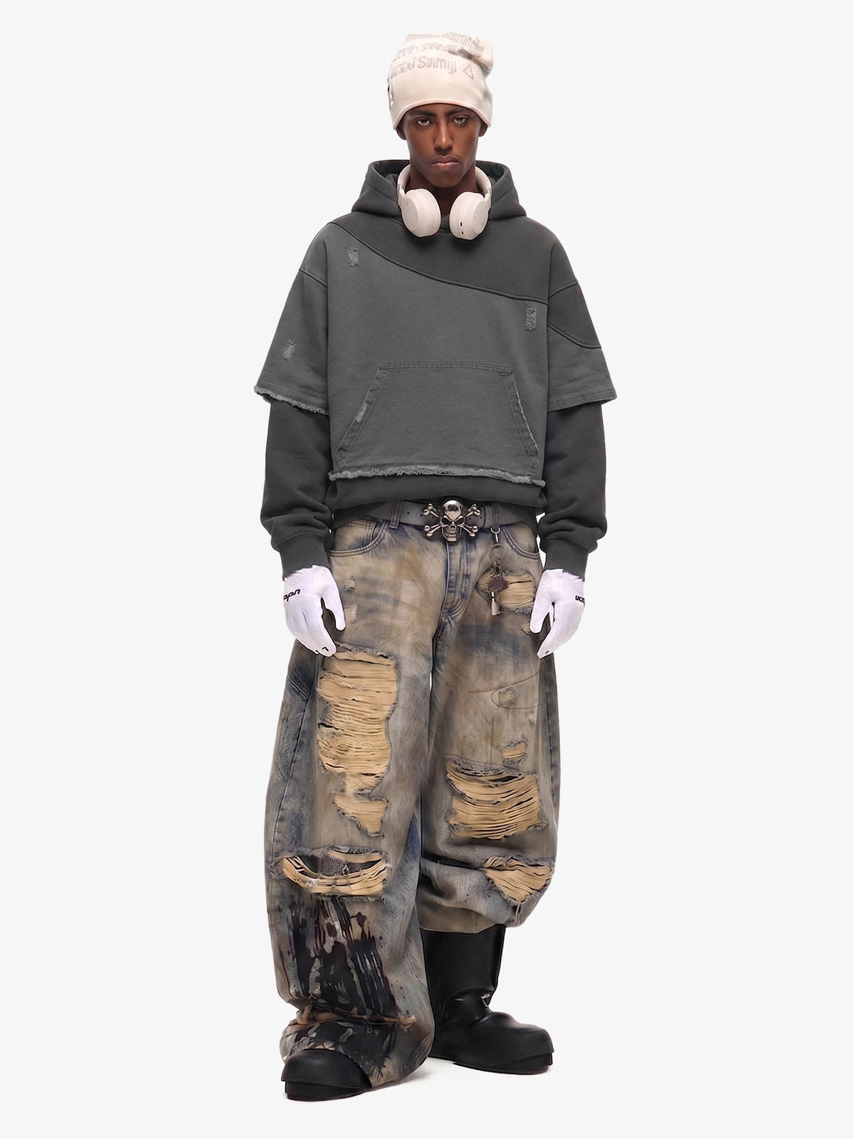 Distressed Patchwork Raw-Edge Layered-Hem Fleece Hoodie