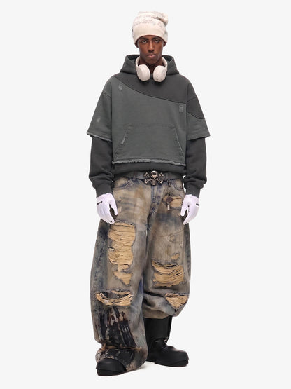 Distressed Patchwork Raw-Edge Layered-Hem Fleece Hoodie