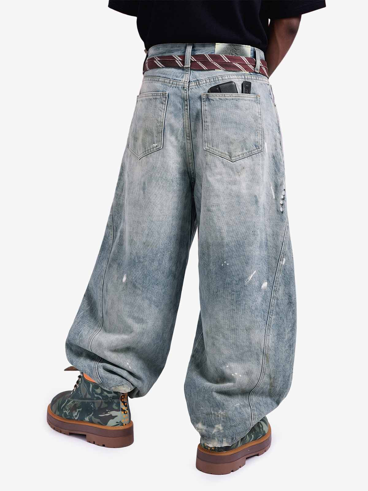 Tie Graphic Print Vintage Wash Wide Leg Denim Jeans