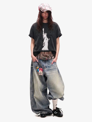 Statue of Liberty Print and Star Details T-Shirt