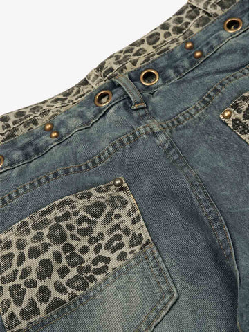 Y2K Double Waistband Leopard Print Wide Leg Jeans