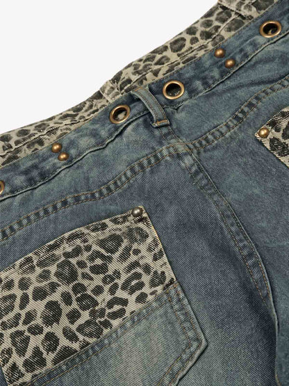 Y2K Double Waistband Leopard Print Wide Leg Jeans