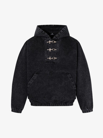 Vintage Washed Denim Metal Toggle Detail Pullover Hoodie 