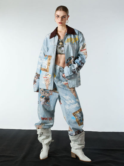 Artistic Patches Graphic  Distressed Denim Jacket - 2573 