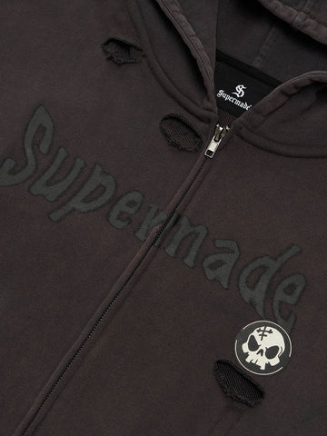Original Washed & Ripped Skull Cardigan Cotton Hoodie Set 