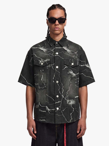 Vintage Lightning Bolt Graphic Denim Short Sleeve Shirt 