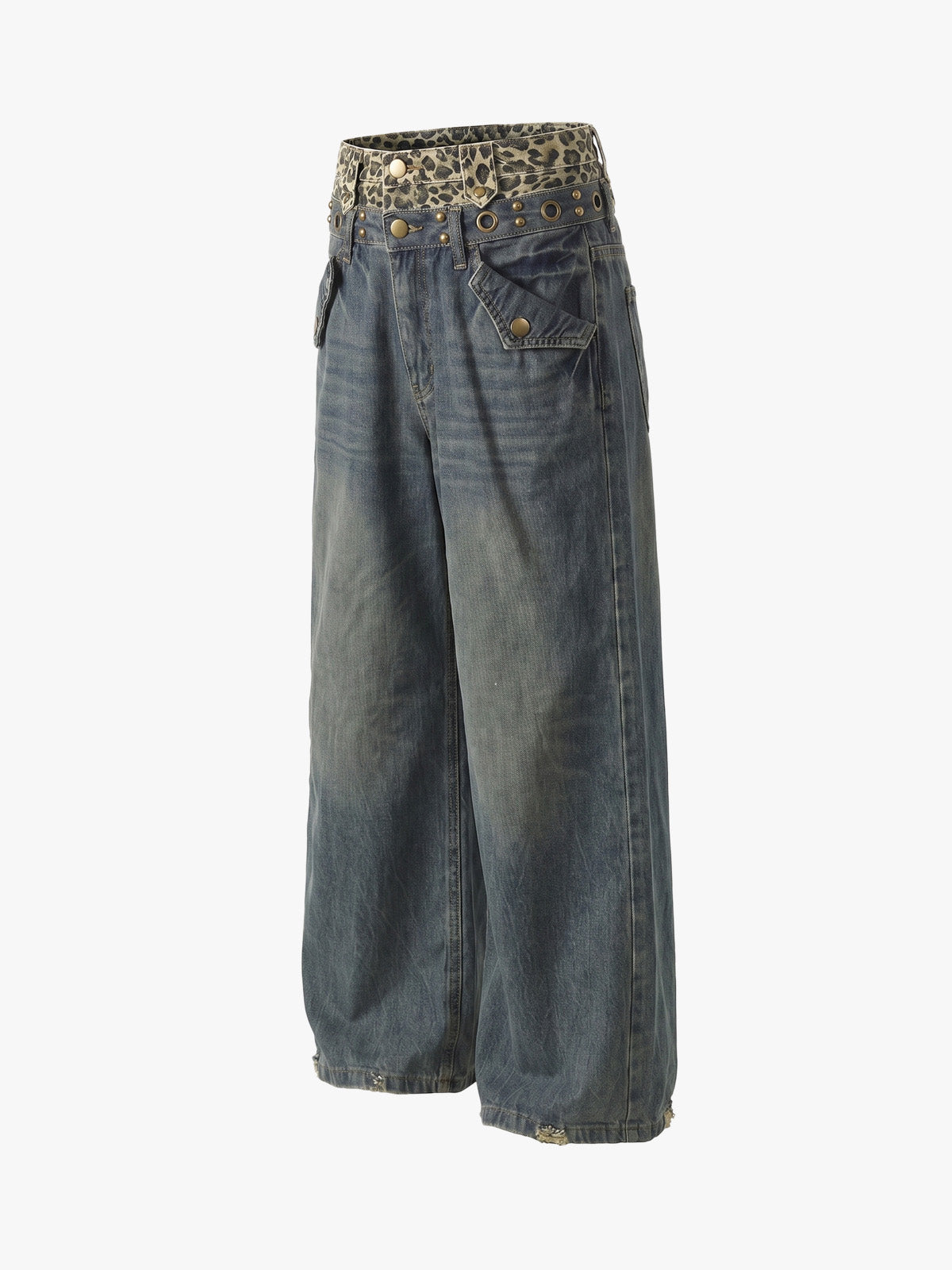 Y2K Double Waistband Leopard Print Wide Leg Jeans