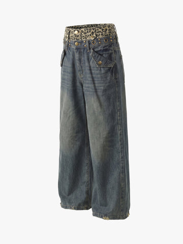 Y2K Double Waistband Leopard Print Wide Leg Jeans