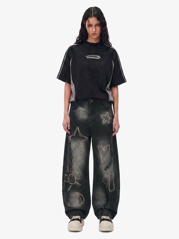 Vintage Embroidered Washed Raw-Edge Graffiti Scimitar Jeans
