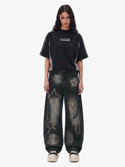 Vintage Embroidered Washed Raw-Edge Graffiti Scimitar Jeans