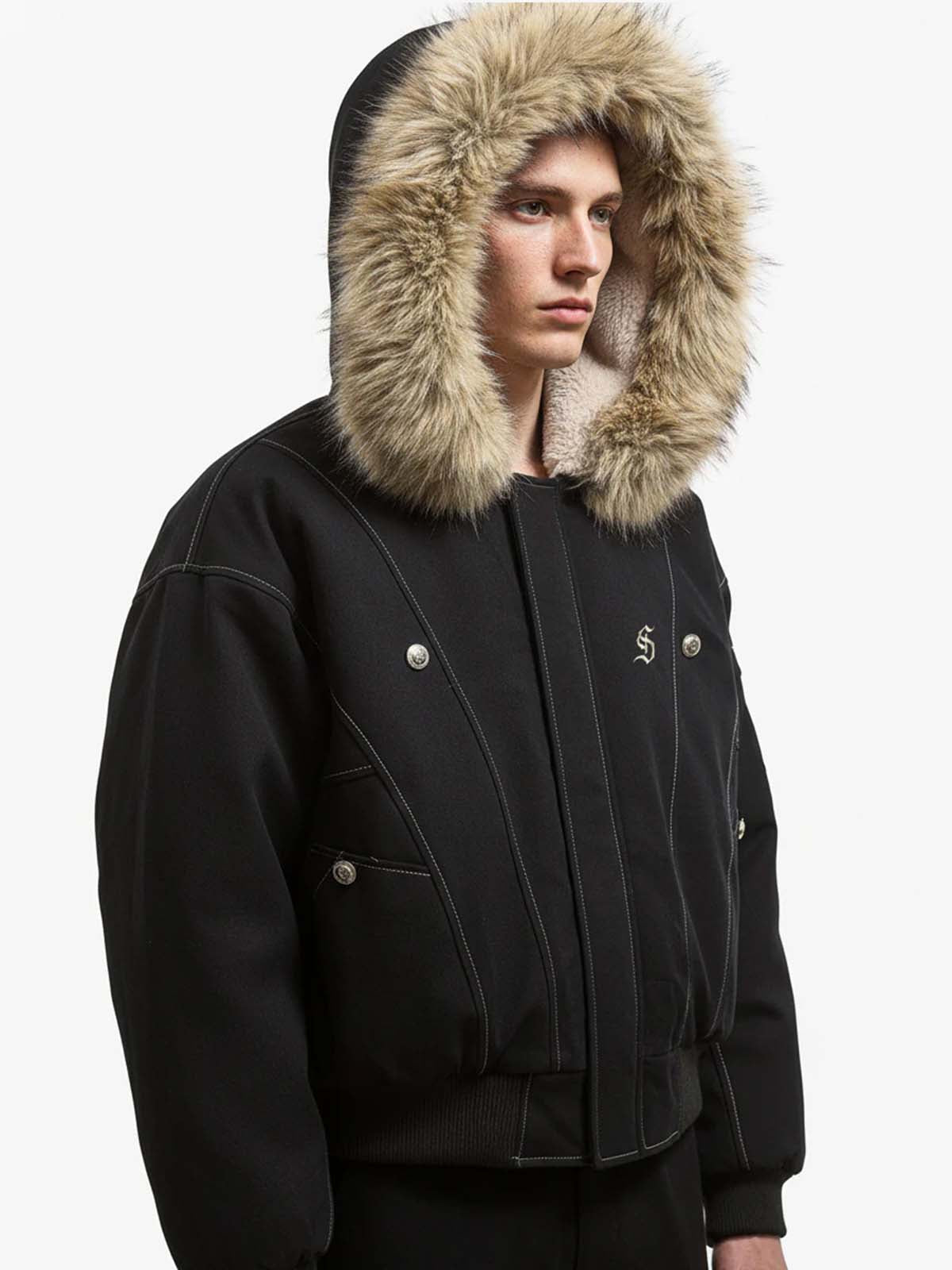 Faux Fur Lined Zip Up Hooded Bomber Jacket 