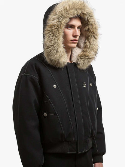 Faux Fur Lined Zip Up Hooded Bomber Jacket 