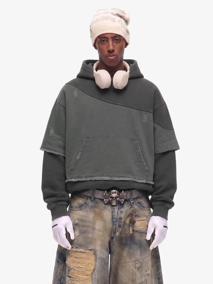 Distressed Patchwork Raw-Edge Layered-Hem Fleece Hoodie