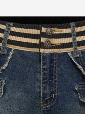 Knit Waistband Ripped Denim Shorts