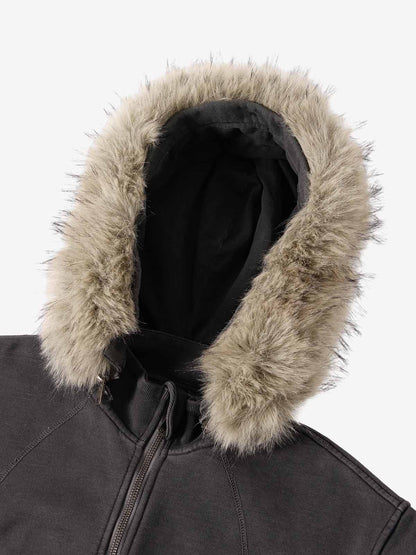 Distressed Faux Fur Slim Zip-Up Hoodie