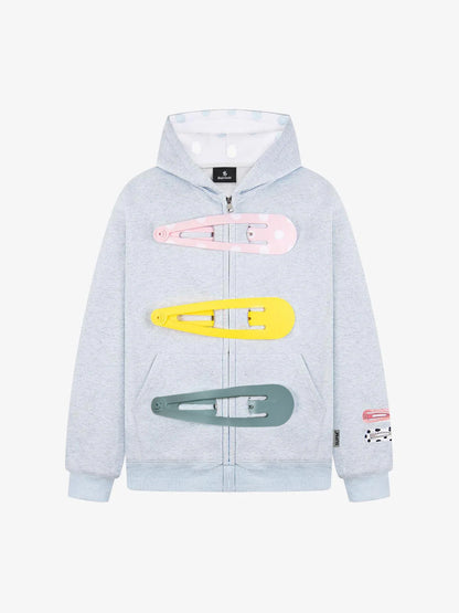 Detachable Hair Clip Decoration Zip Up Hoodie 