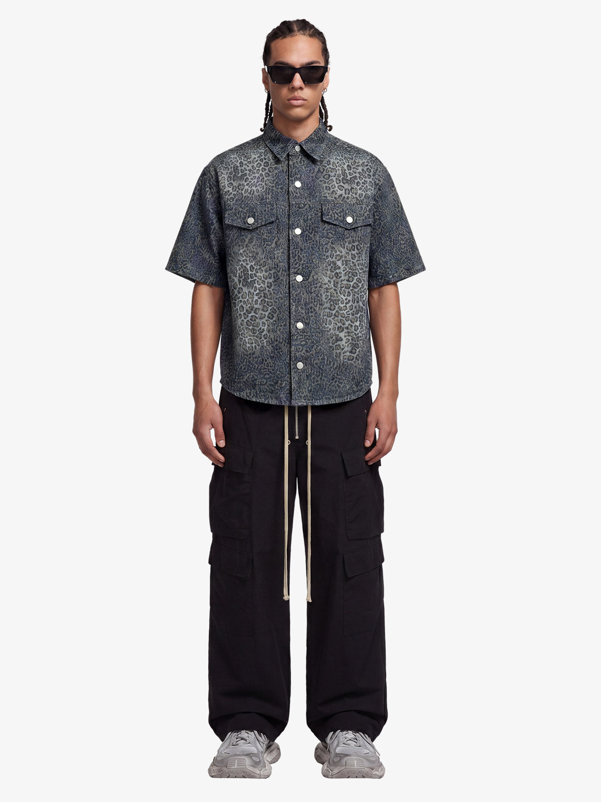 Vintage Leopard Print Washed Denim Short Sleeve Shirt 