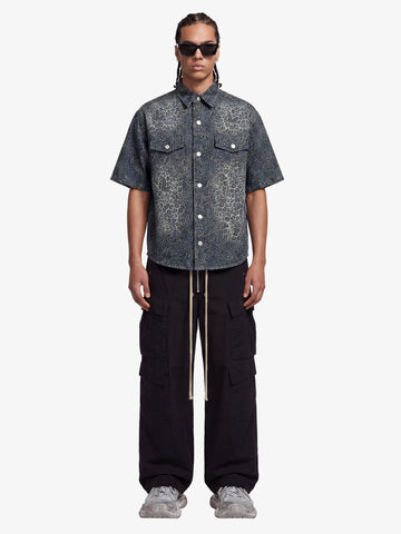 Vintage Leopard Print Washed Denim Short Sleeve Shirt 