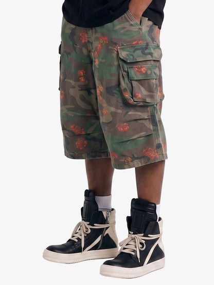 Vintage Floral Camo Multi-Pocket Cargo Shorts 