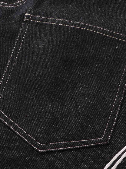 Flame Embroidered Wide Leg Washed Denim Jeans 