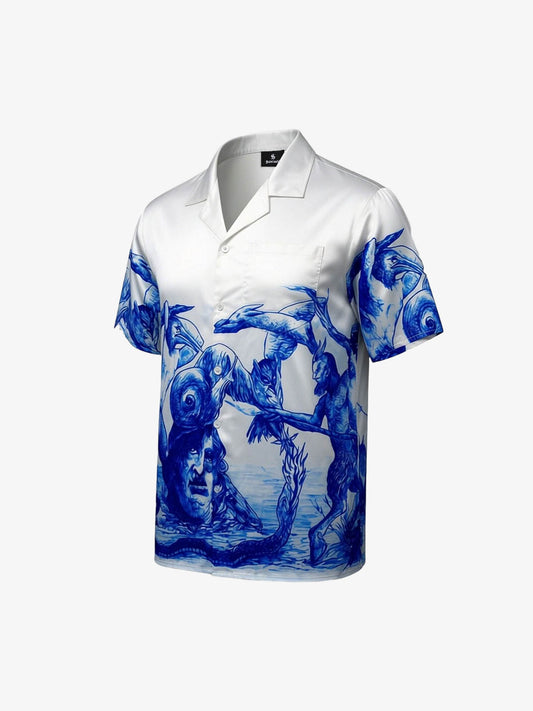 Blue Sketch Mythological Cuban Shirt