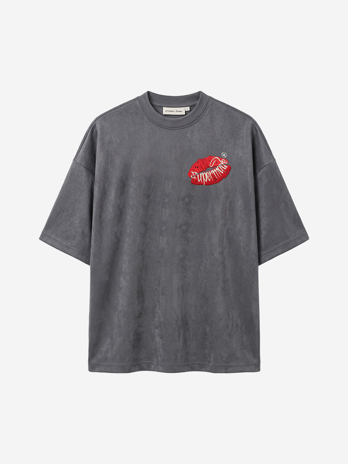 Red Lip Embroidered Suede Tee
