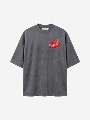 Red Lip Embroidered Suede Tee