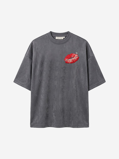 Red Lip Embroidered Suede Tee