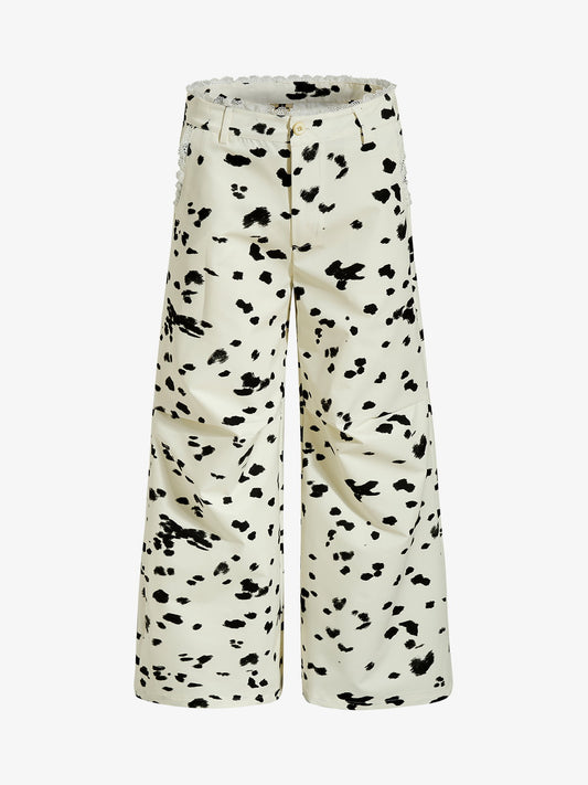 Cow Print Lace Trim Straight Leg Pants 