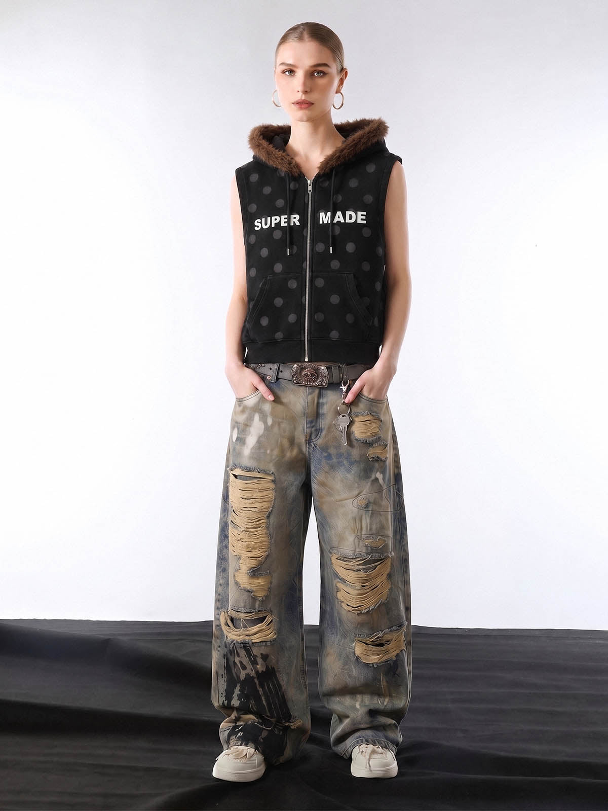 Faux Mink Fur Polka Dot Zip-up Hooded Vest