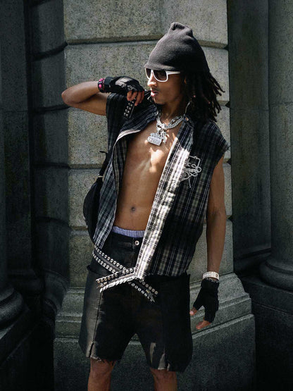 Vintage Punk Distressed Plaid Sleeveless Shirt - 2629