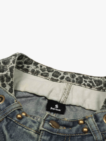 Y2K Double Waistband Leopard Print Wide Leg Jeans