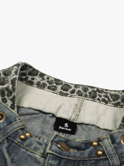 Y2K Double Waistband Leopard Print Wide Leg Jeans