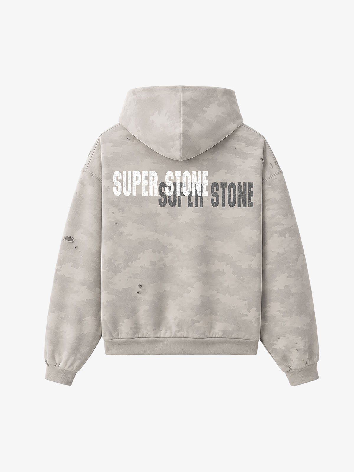 Distressed Camo Hoodie with Cracked Logo & Rolling Stones Graphic
