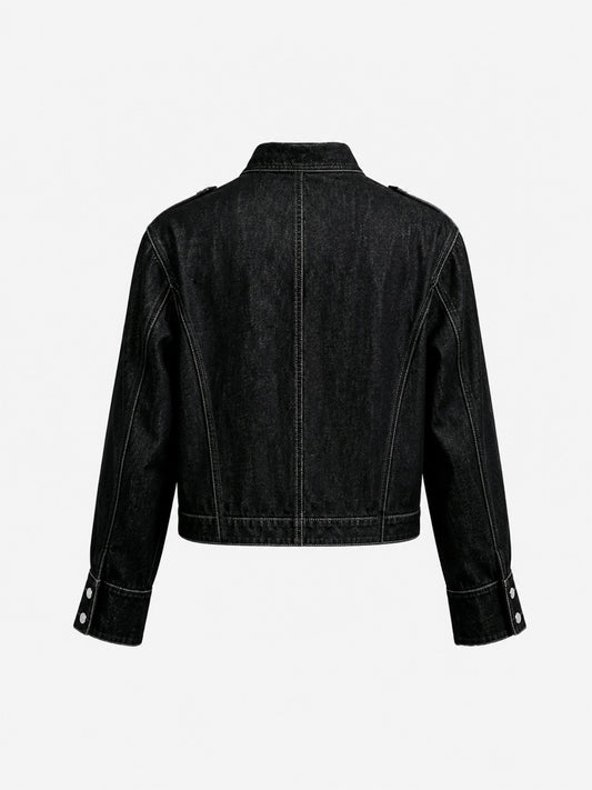 Vintage Silver Button Military Denim Jacket