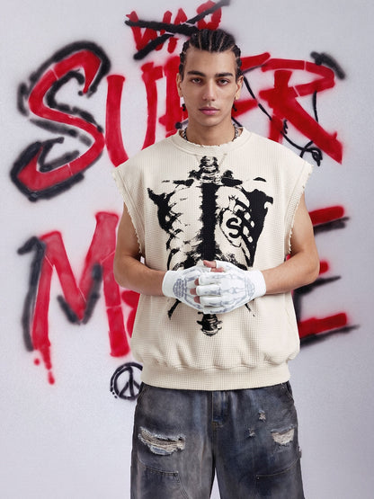 Vintage Skeleton Graphic Waffle Knit Sleeveless Vest 