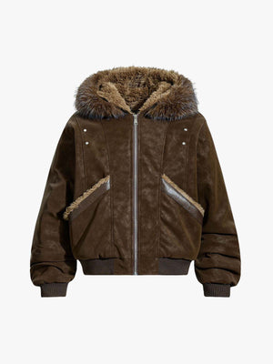Retro Detachable Faux Fur Collar Suede Fleece Hoodie Jacket 