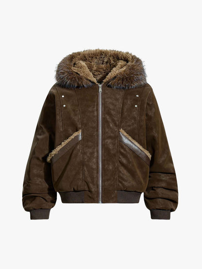 Retro Detachable Faux Fur Collar Suede Fleece Hoodie Jacket 