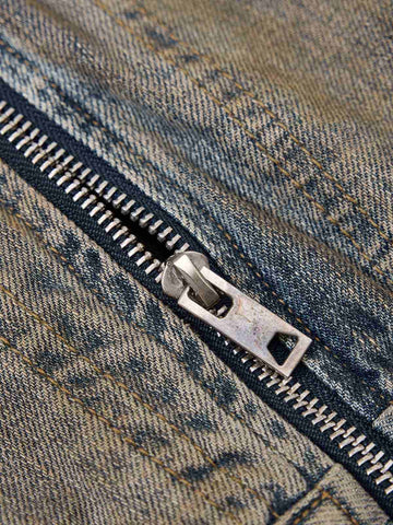 Vintage Washed Distressed Denim Zip Up Jacket 