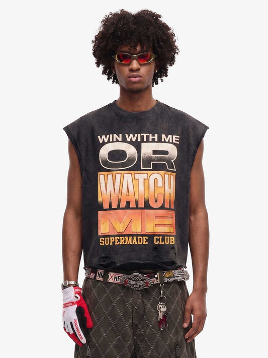 Distressed Slogan Graphic Sleeveless T-Shirt