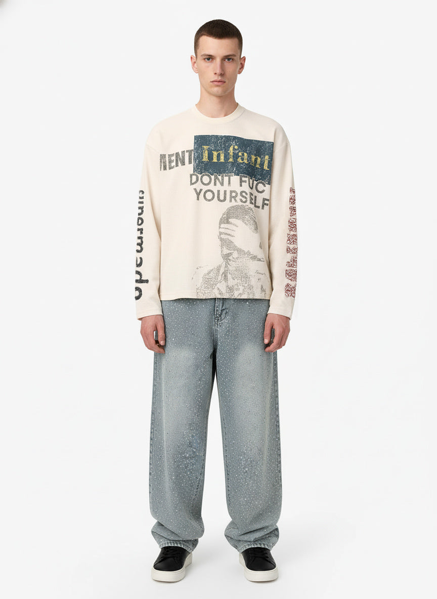 Waffle Knit Graphic Print Crewneck Sweatshirt - 2496 