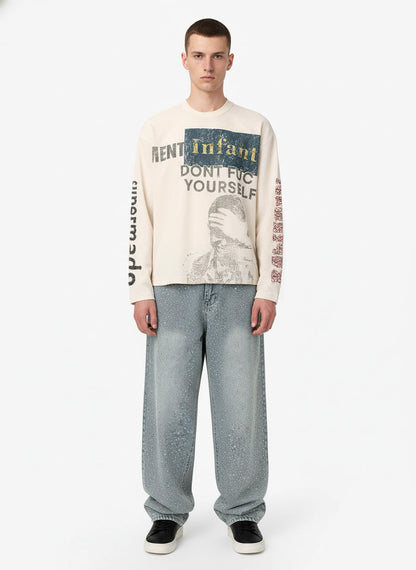 Waffle Knit Graphic Print Crewneck Sweatshirt - 2496 