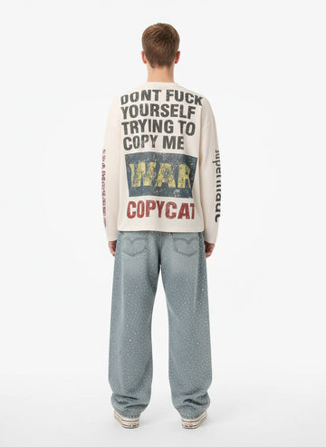 Waffle Knit Graphic Print Crewneck Sweatshirt - 2496 