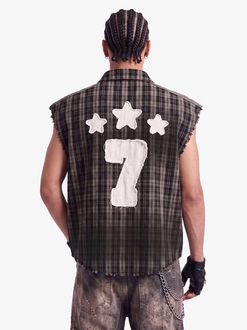 Vintage Punk Distressed Plaid Sleeveless Shirt - 2629